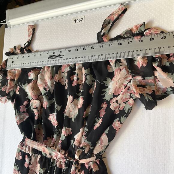 Lily Rose Women Dress M Black Floral A-Line Ruffle Belted Cold Shoulder Rompers - Picture 4 of 14